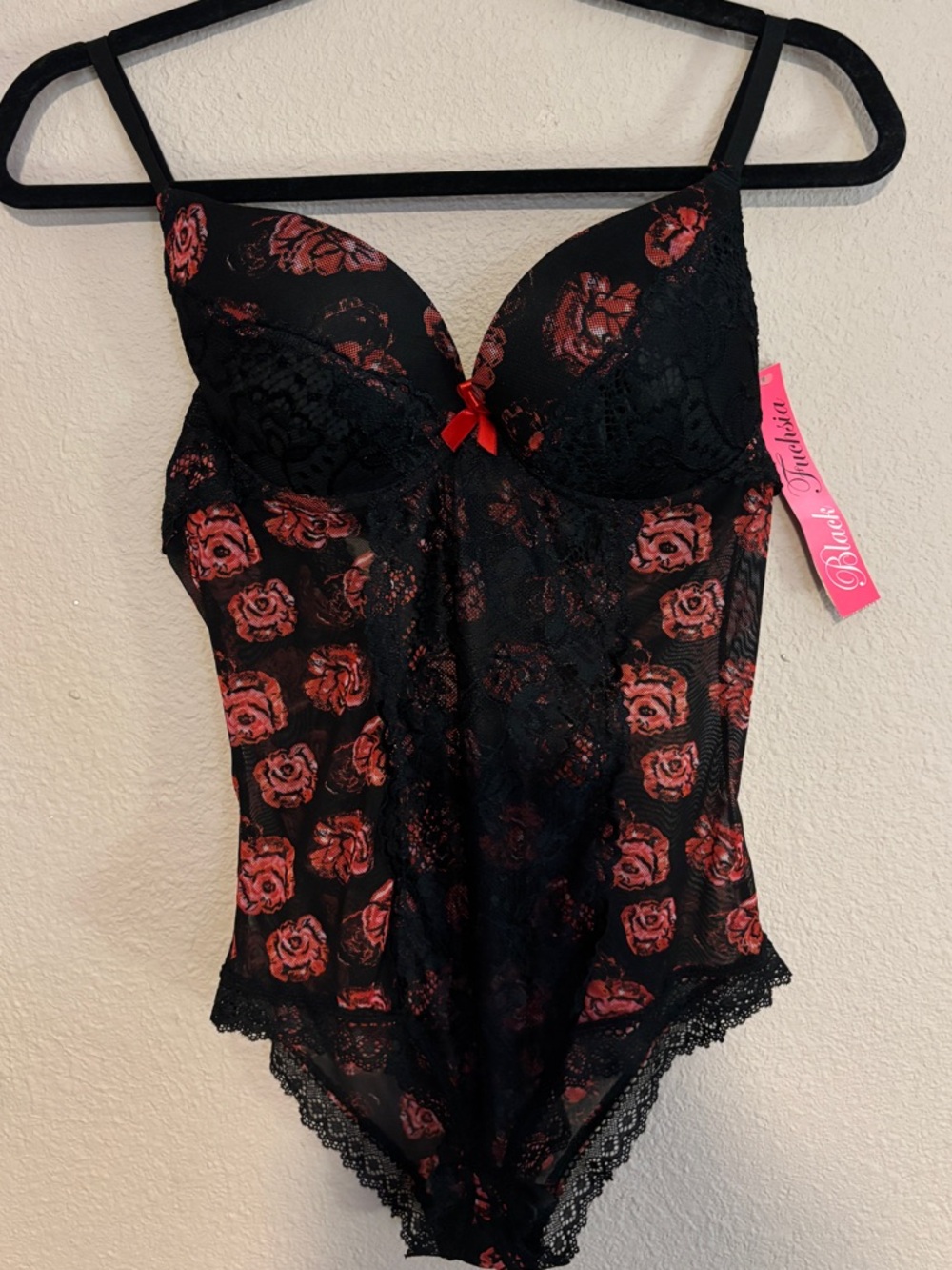 NWT Black Lace Bodysuit with Red Rose Print - Size Large